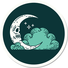 tattoo style sticker of a skull crescent moon and clouds