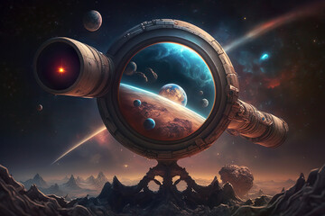 Obraz na płótnie Canvas Astronomical telescope of the future on an alien planet. Fantasy sci-fi concept with AI generation.