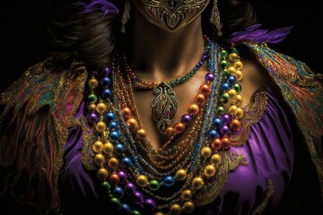 Fototapeta premium Multi colored mardi gras beads over a woman's chest