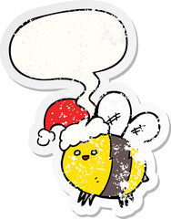 cute cartoon bee wearing christmas hat and speech bubble distressed sticker
