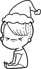 line drawing of a annoyed hipster girl wearing santa hat