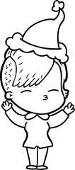line drawing of a squinting girl wearing santa hat