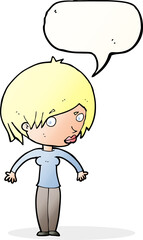 cartoon woman shrugging with speech bubble