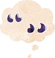 cartoon quotation marks and thought bubble in retro textured style