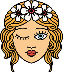 traditional tattoo of a maidens face winking