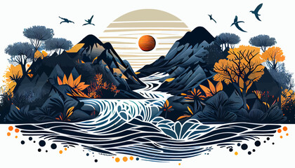 Sunset waterfall landscape illustration vector graphic	
