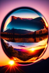 Sunset through the glass ball in the mountains - generative ai
