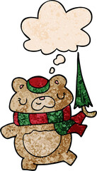 cartoon bear with umbrella and thought bubble in grunge texture pattern style
