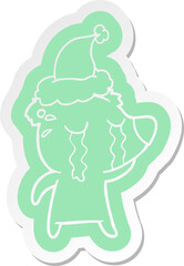 cartoon  sticker of a crying bear wearing santa hat