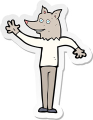 sticker of a cartoon waving wolf man