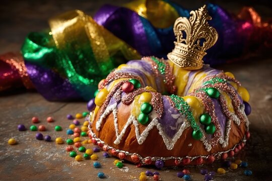 King cake stock photo Mardi Gras, Epiphany Cake, New Orleans, Bead, Dessert - Sweet Food