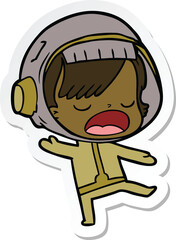 sticker of a cartoon talking astronaut woman