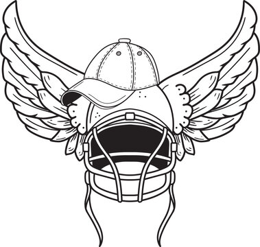 Hand drawn baseball helmet with wings in cap. Vector illustration, line art. Tattoo sketch. Sports logo.

