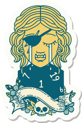 crying orc rogue character face with natural one D20 roll sticker