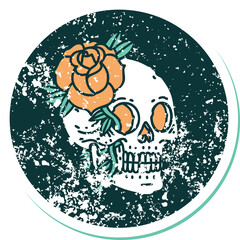 distressed sticker tattoo style icon of a skull and rose