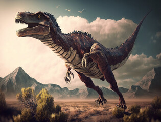 Obraz na płótnie Canvas Tyrannosaurus dinosaur 3d render A Dinosaur in sight of a desert hunting in the sky enjoying nature, a hot Atmosphere, light clouds and a high mountain, Children's Story, blur, 4K, AI
