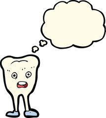 cartoon happy tooth with thought bubble