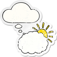 cartoon sun and cloud symbol and thought bubble as a distressed worn sticker
