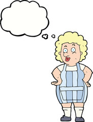 cartoon woman in kitchen apron with thought bubble