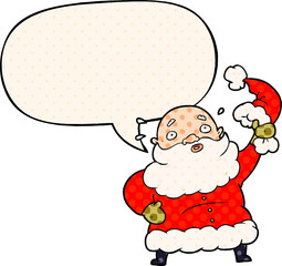 cartoon santa claus waving his hat and speech bubble in comic book style