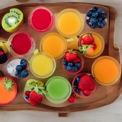 Wooden tray with glasses of different juices and fresh fruit on the table - generative ai