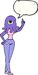 comic book speech bubble cartoon female alien with raised hand