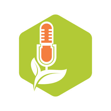Podcast leaf nature ecology vector logo design. Podcast talk show logo with mic and leaves.