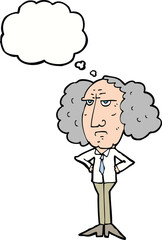cartoon big hair lecturer man with thought bubble