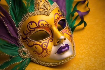 Colorful Mardi Gras or venetian mask on a yellow stock photo Mardi Gras, Backgrounds, Mask - Disguise, Carnival - Celebration Event, Bead