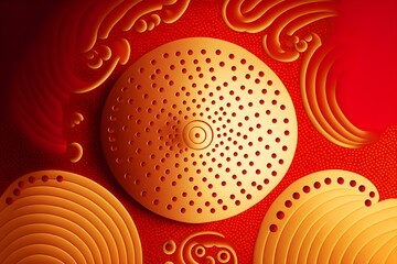 Dotted and yellow chinese decorative pattern, golden and flourish sweeping red background, Generative AI