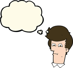 cartoon man narrowing eyes with thought bubble