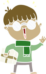 flat color style cartoon boy with parcel waving