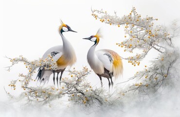 White and yellow peacocks on a spring scenery background, Generative AI Digital Illustration