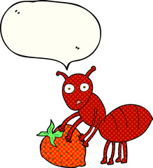 comic book speech bubble cartoon ant with berry