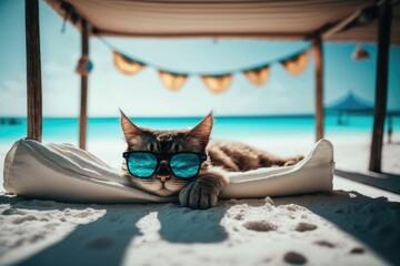 Cat wearing sunglasses and lying down in the beach, Summer vibes, Generative AI Digital Illustration