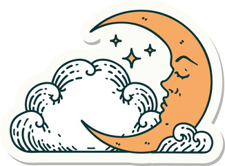 tattoo style sticker of a crescent moon and clouds