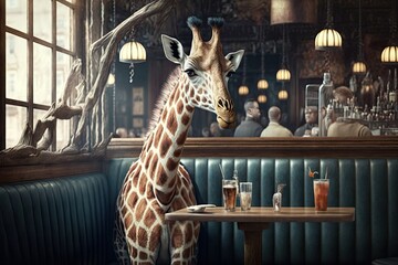 Giraffe sitting at bar, Fashion and geek, Generative AI Digital Illustration