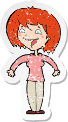 retro distressed sticker of a cartoon excited woman