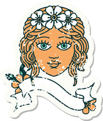 grunge sticker with banner of female face with crown of flowers