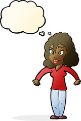 cartoon woman shrugging shoulders with thought bubble