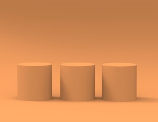 cylinder pedestal podium display, Empty room background.orange. Abstract modern rendering 3d shape for products display presentation.  minimal wall scene, Studio room.