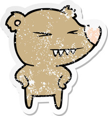 distressed sticker of a angry bear cartoon with hands on hips