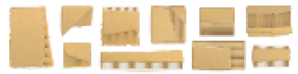 Set of torn brown cardboard pieces isolated on white background. Realictic vector illustration of ripped craft paper or carton with uneven edges and damaged texture. Scrap material for recycling