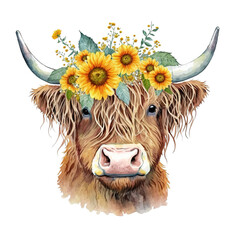 Sunflowers Cow Head Clipart , Beautiful Flowers on highland Cows,Generative AI - obrazy, fototapety, plakaty