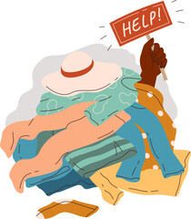 Hands in pile of different things flat icon Trendy clothes
