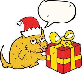 speech bubble cartoon cat with present