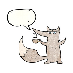 speech bubble textured cartoon wolf with coffee cup