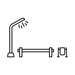 Street lamp, bench, urn icon. Black contour linear silhouette. Front side view. Editable strokes. Vector simple flat graphic illustration. Isolated object on a white background. Isolate.