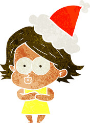 retro cartoon of a girl pouting wearing santa hat