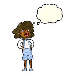 cartoon woman in dungarees with thought bubble